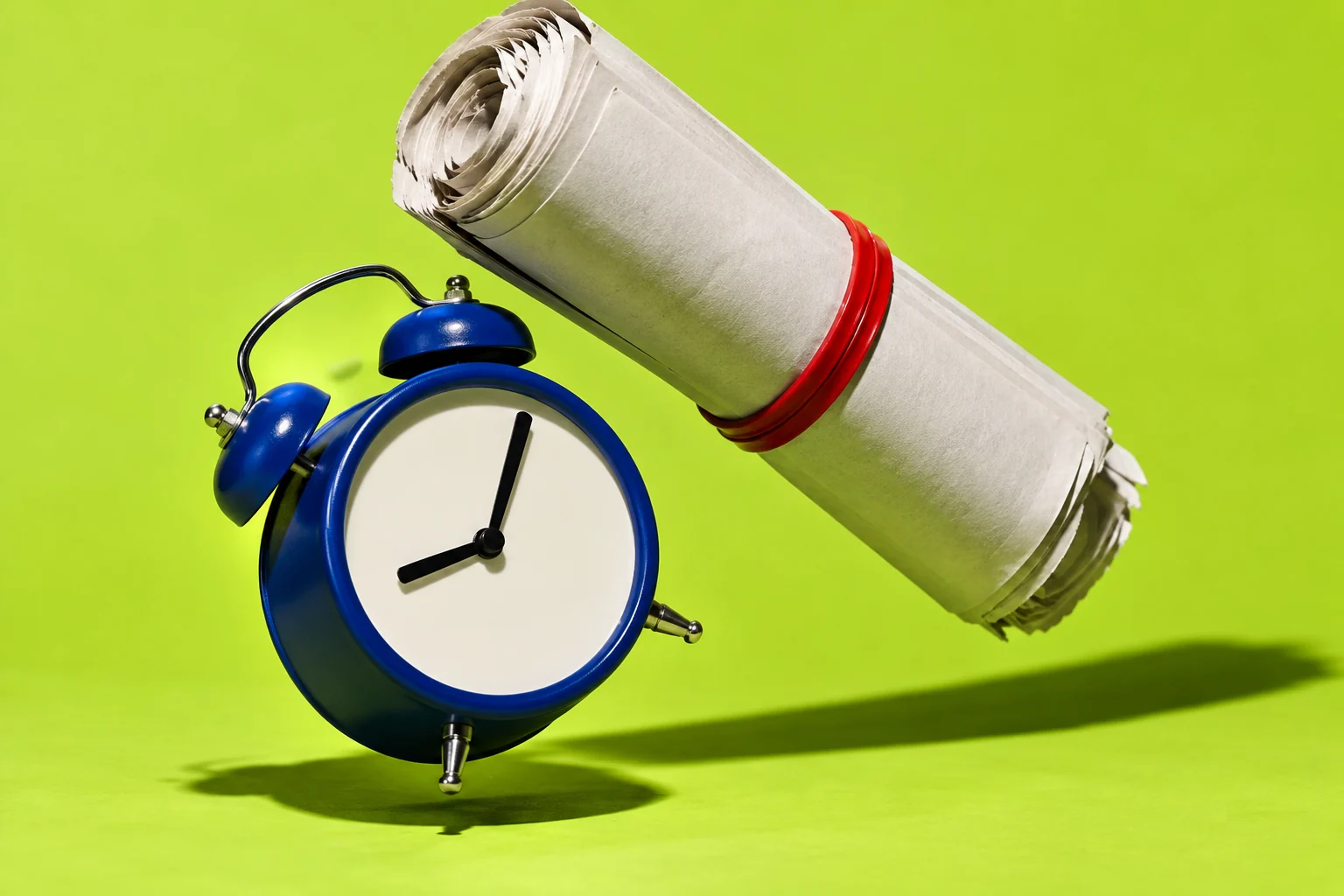 Reloj azul y periódico sin texto sobre fondo lima.
