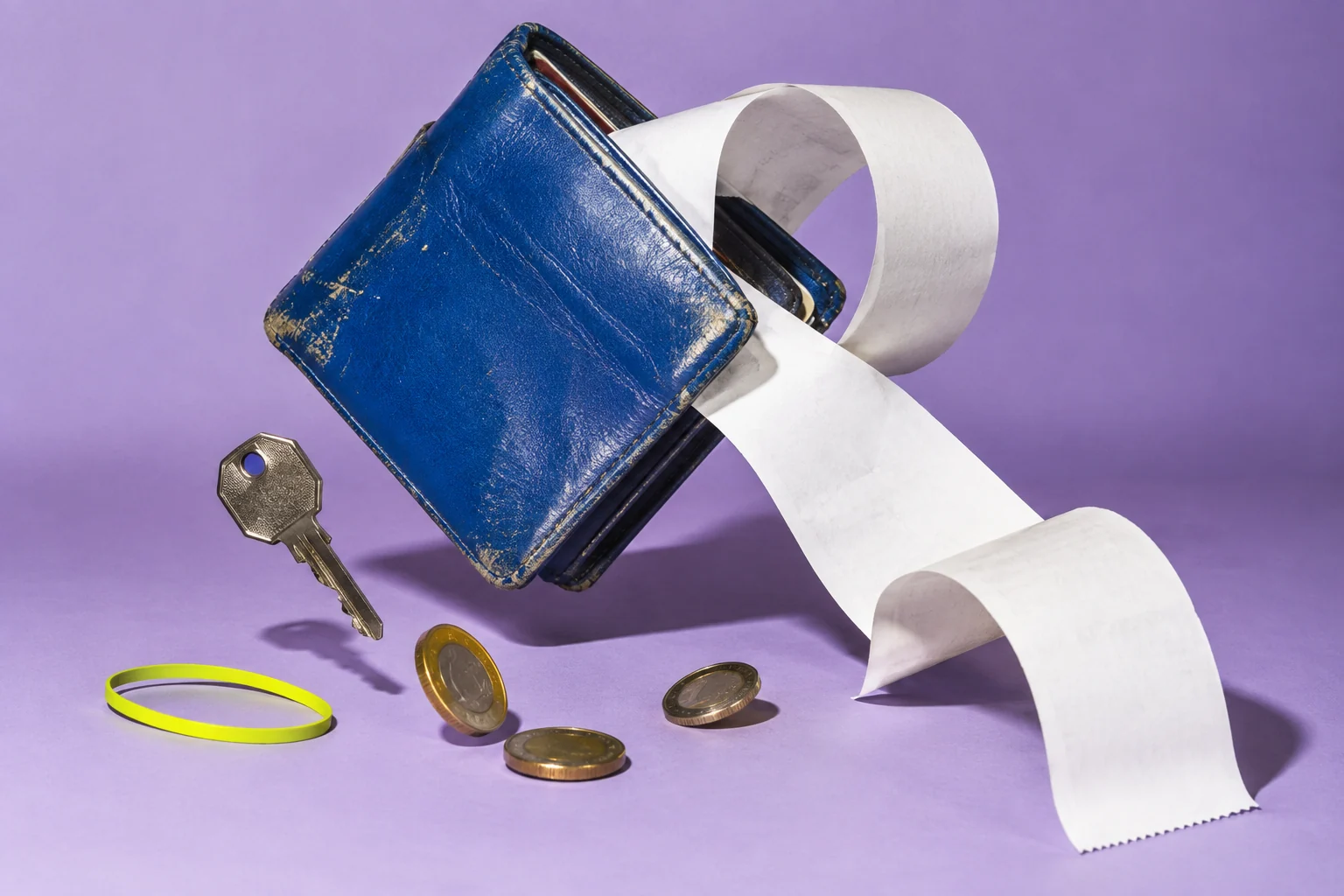 Cartera azul, recibo en blanco, monedas y una llave sobre fondo lavanda.