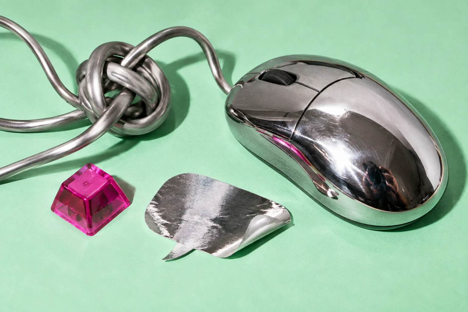 Ratón cromado, cable anudado y tecla rosa sobre fondo menta.